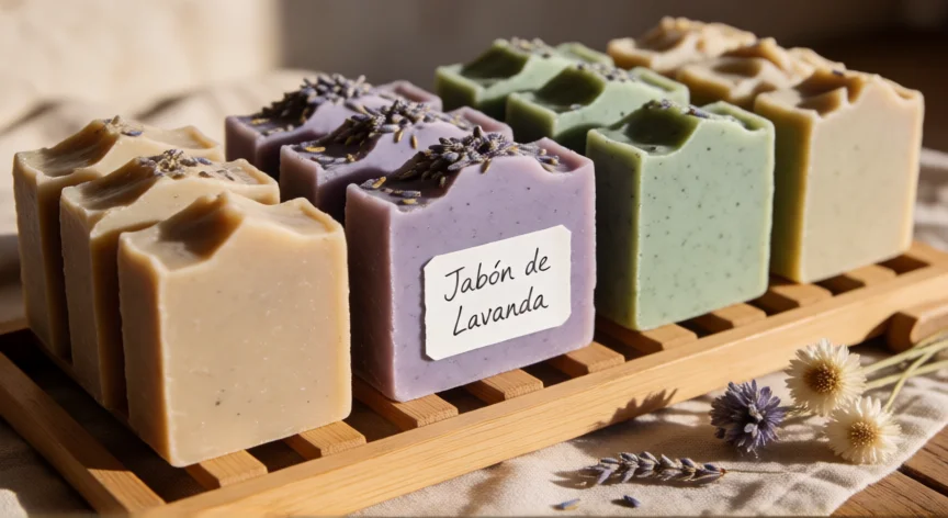 como se fabrica jabon artesanal, Barras de jabón artesanal en proceso de curado sobre rejilla de madera con flores secas