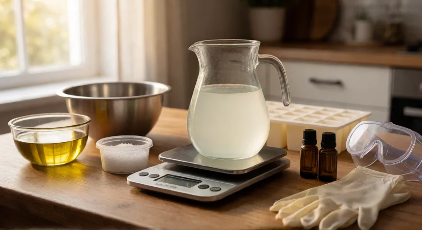 como se fabrica jabon casero, Mesa de trabajo con ingredientes y herramientas para fabricar jabón casero