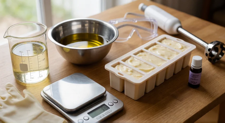 como se fabrica jabon de tocador, Mesa de trabajo con ingredientes y moldes para fabricar jabón de tocado artesanal