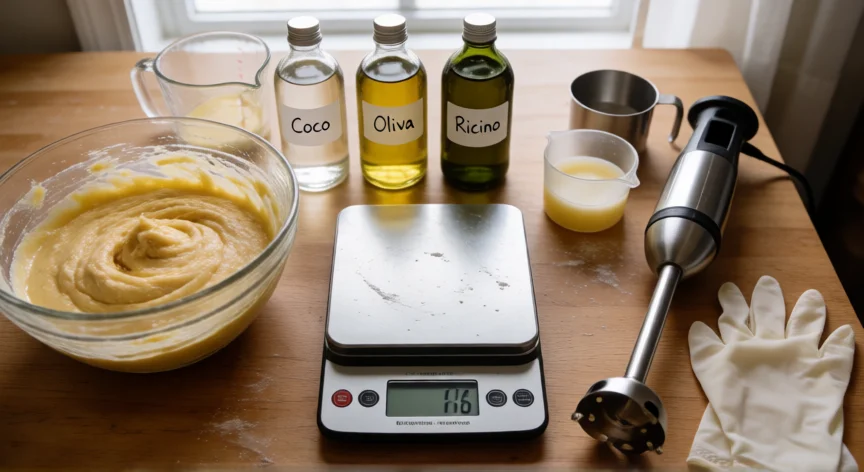 como se fabrica jabon liquido, Mesa de trabajo artesanal con ingredientes y utensilios para fabricar jabón líquido en casa