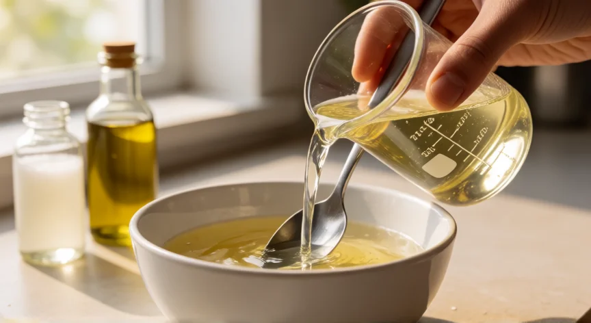 cómo se fabrica jabón potásico, Mezcla de aceites y lejía de potasio durante la saponificación en un recipiente de vidrio