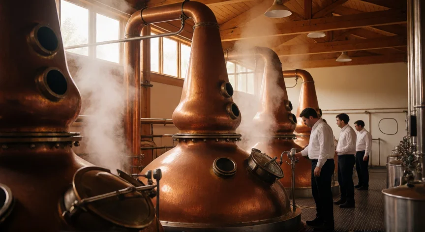 Alambiques de cobre en la destilería de Jack Daniel's en Lynchburg, Tennessee