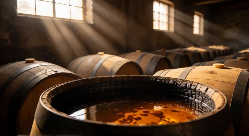 como se fabrica jack daniels, Barricas de roble envejeciendo con whisky en el almacén de Jack Daniel's