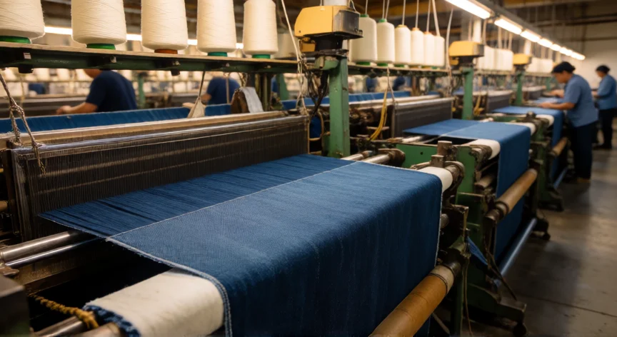 como se fabrica jeans, Telares industriales tejiendo tela de denim con hilos de índigo en una fábrica textil