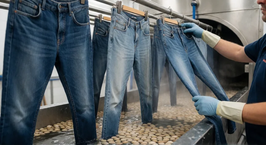 como se fabrica jeans, Línea de lavado industrial donde los jeans reciben tratamiento stone wash con piedras volcánicas