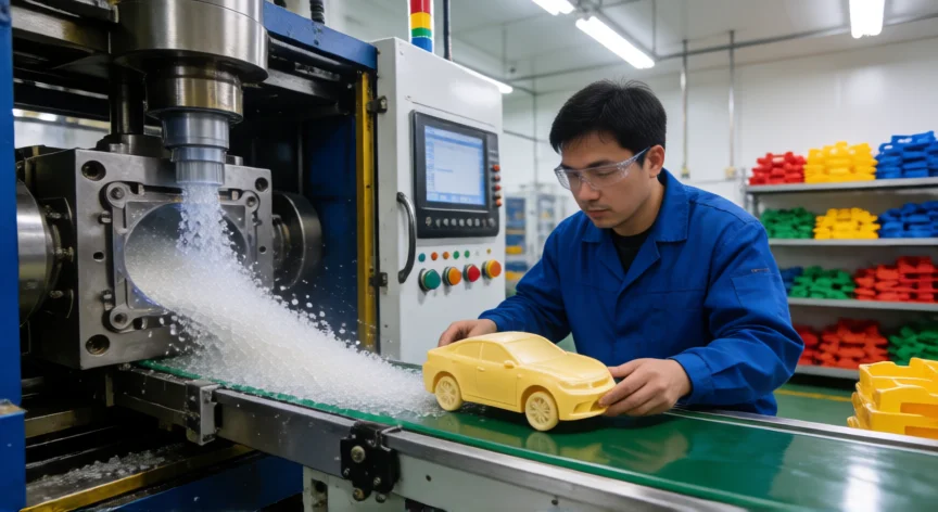cómo se fabrica juguetes, Máquina de inyección de plástico en una fábrica de juguetes produciendo piezas para coches de juguete