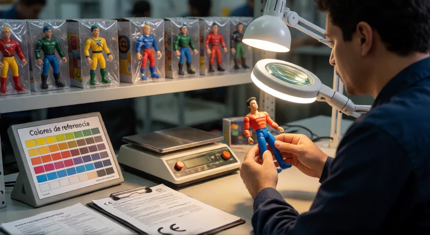cómo se fabrica juguetes, Técnico realizando control de calidad en una figura de acción antes del empaquetado final