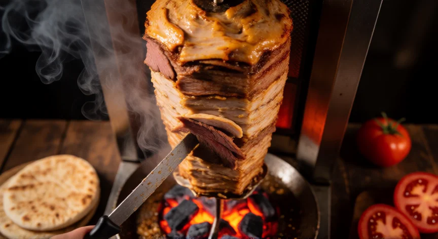 como se fabrica kebab, Espeto vertical de kebab girando sobre carbón con el cocinero cortando la carne ya dorada
