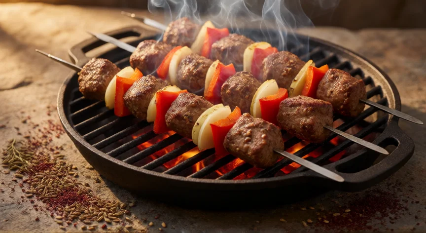 como se fabrica kebab, Pinchos de shish kebab de cordero con pimiento y cebolla sobre parrilla de carbón
