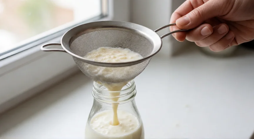 como se fabrica kefir, Manos cerniendo kéfir fermentado con colador de malla fina sobre una jarra de cristal