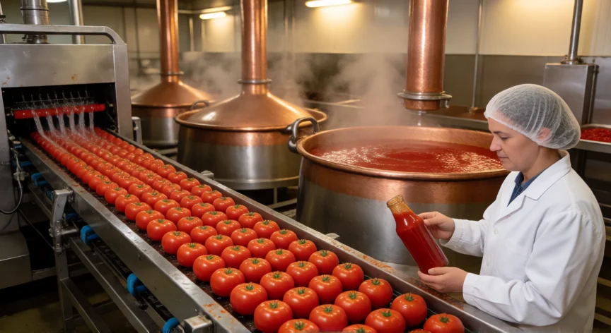 como se fabrica ketchup, Línea de producción industrial de ketchup con tomates en lavado y cubas de cocción