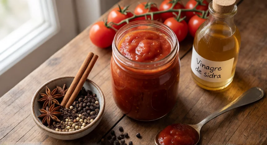 como se fabrica ketchup, Ketchup casero en frasco de cristal con especias, vinagre de sidra y tomates cherry