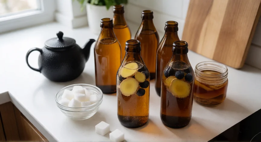 como se fabrica kombucha, Botellas de kombucha casera con jengibre y arándanos junto a un SCOBY en la cocina