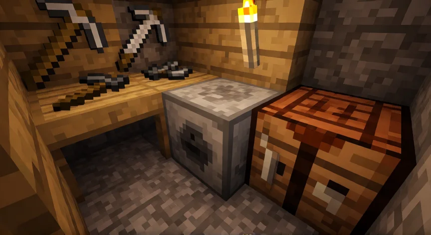 como se fabrica la afiladora en minecraft, Piedra de amolar colocada en un taller de Minecraft con herramientas cerca