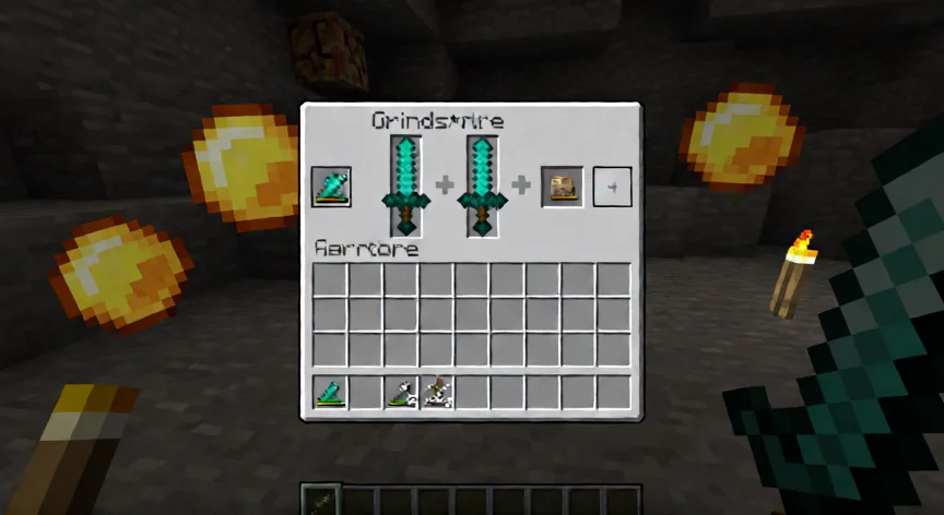 como se fabrica la afiladora en minecraft, Interfaz de la piedra de amolar afilando dos espadas de hierro en Minecraft