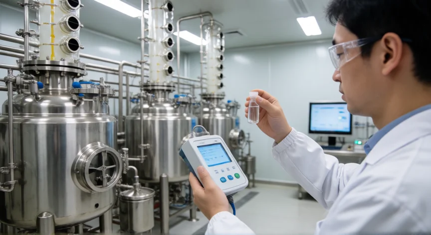 como se fabrica la anestesia, Planta de fabricación farmacéutica con reactores de acero inoxidable y técnico analizando muestra