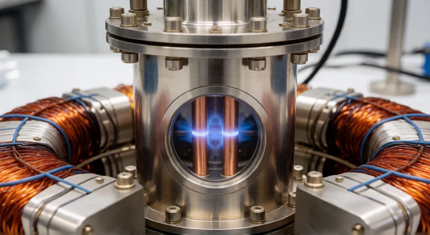 como se fabrica la antimateria, Trampa de Penning en un laboratorio con electrodo de cobre y campo magnético superconductor.