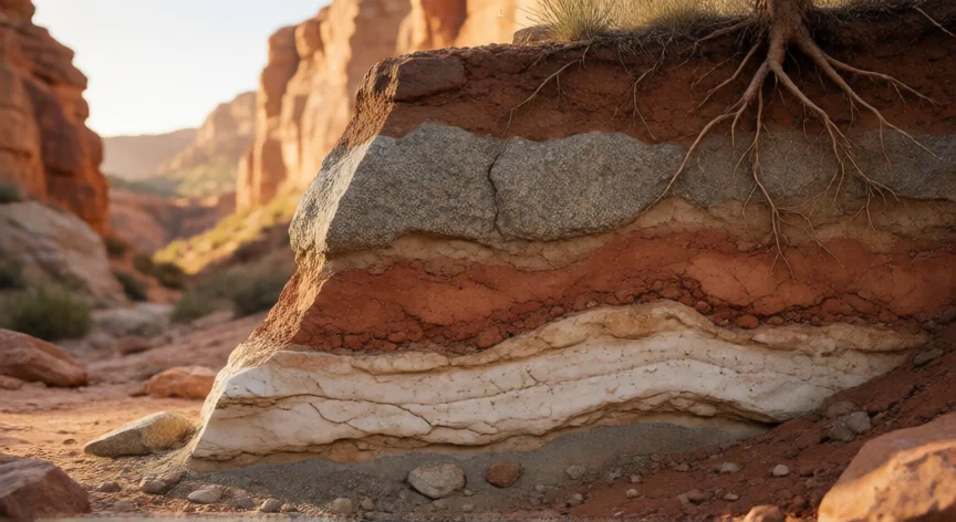 como se fabrica la arcilla, Corte geológico mostrando la formación natural de capas de arcilla entre rocas