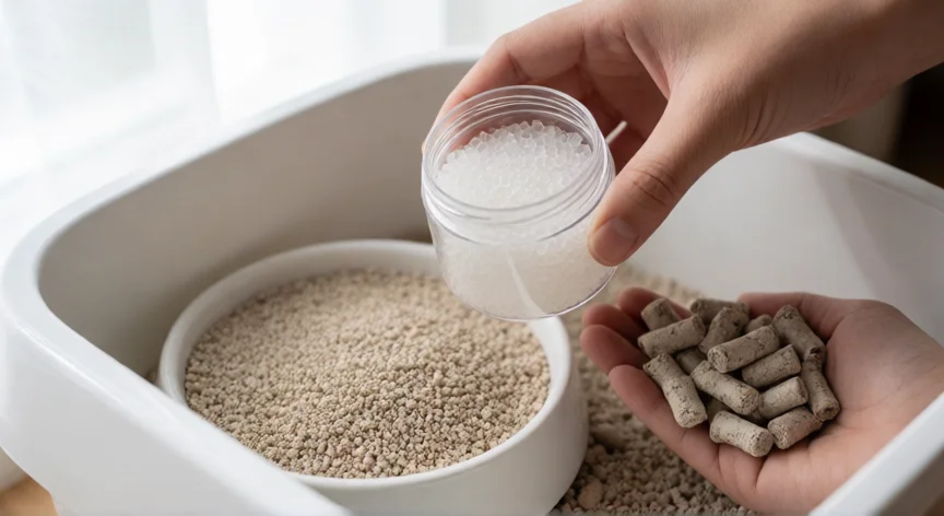 como se fabrica la arena para gatos, Comparación de granulos de gel de sílice, pellets de madera y cilindros de papel reciclado para gatos