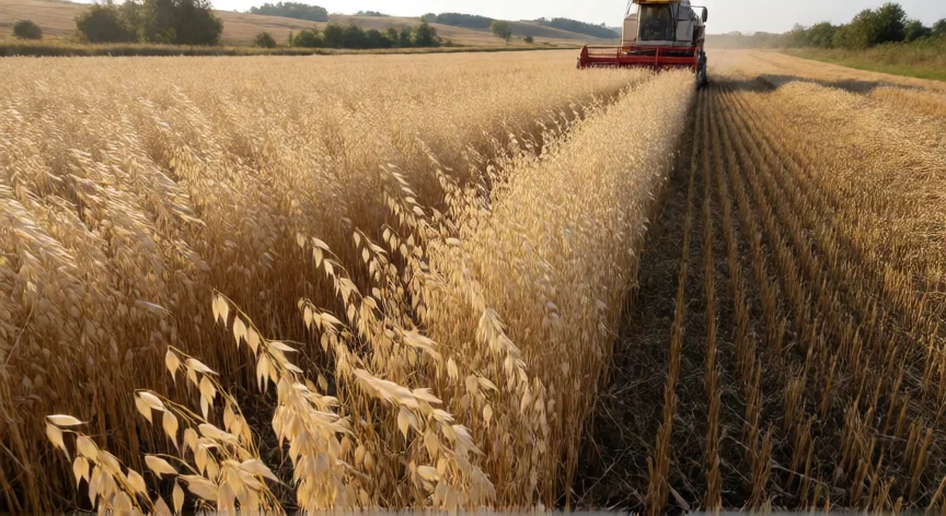 como se fabrica la avena, Campo de avena madura siendo cosechado por una cosechadora combinada al atardecer