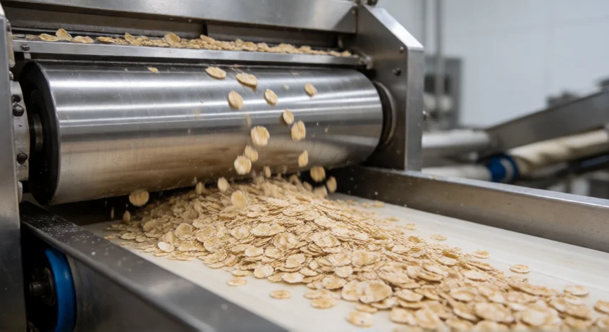 como se fabrica la avena, Rodillos industriales laminando granos de avena vaporizados para producir copos en una fábrica