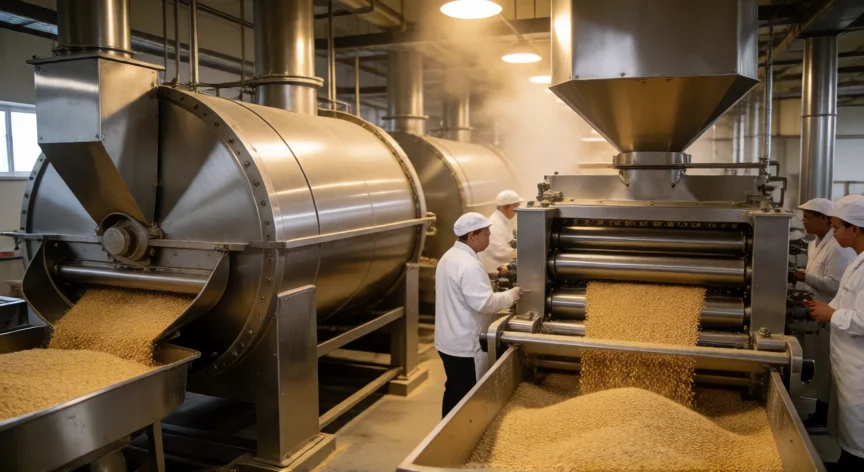 como se fabrica la avena en hojuelas, Línea de producción industrial de avena en hojuelas con rodillos laminadores y secadores