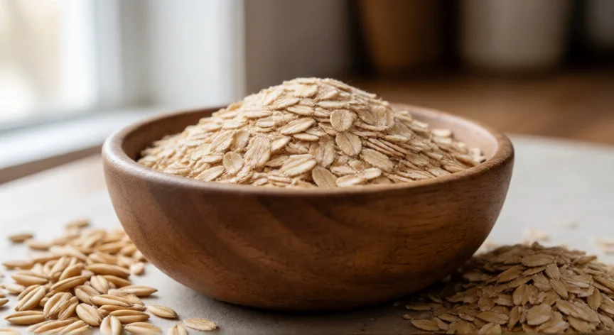 como se fabrica la avena en hojuelas, Hojuelas de avena de distintos grosores en un bol de madera junto a granos enteros y cáscaras