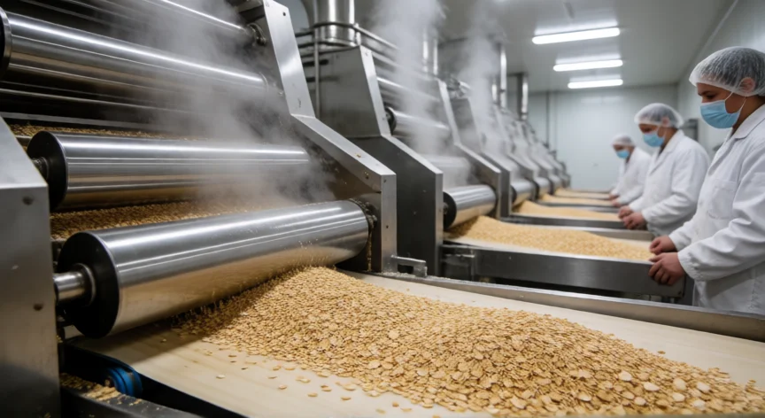 como se fabrica la avena instantanea, Línea de producción de avena instantánea con rodillos laminadores y cámaras de vapor