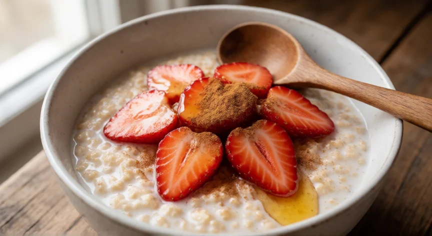 como se fabrica la avena instantanea, Bowl of prepared instant oatmeal with strawberries, honey and cinnamon