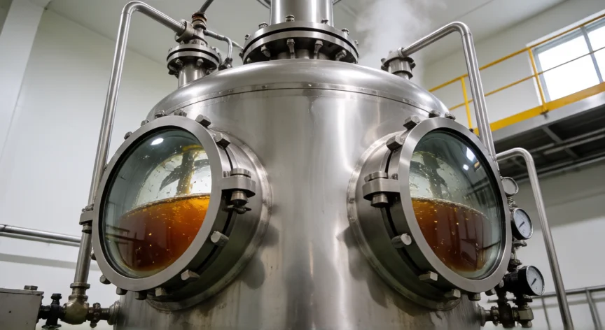 como se fabrica la baquelita, Reactor industrial de síntesis de resina fenol-formaldehído en planta de producción de baquelita