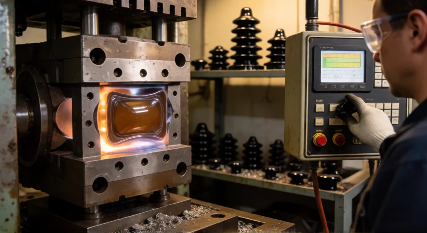 como se fabrica la baquelita, Prensa de moldeo por compresión fabricando piezas de baquelita negra en taller industrial
