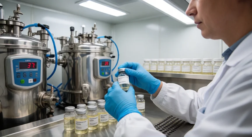 como se fabrica la bcg, Científico fabricando vacuna BCG en sala limpia con biorreactores de cultivo bacteriano