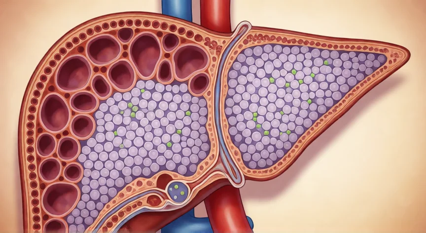 Diagrama del hígado mostrando hepatocitos y canaliculos biliares donde se fabrica la bilis
