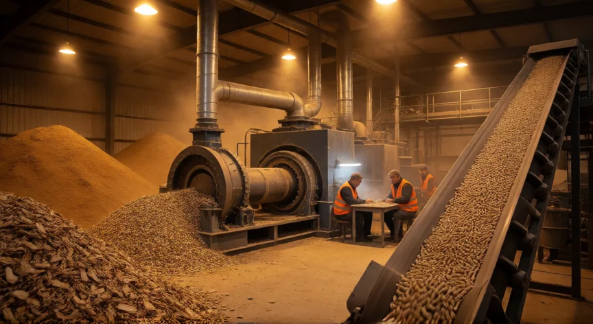 como se fabrica la biomasa, Planta industrial de fabricación de pellets de biomasa con peletizador anular y cinta transportadora