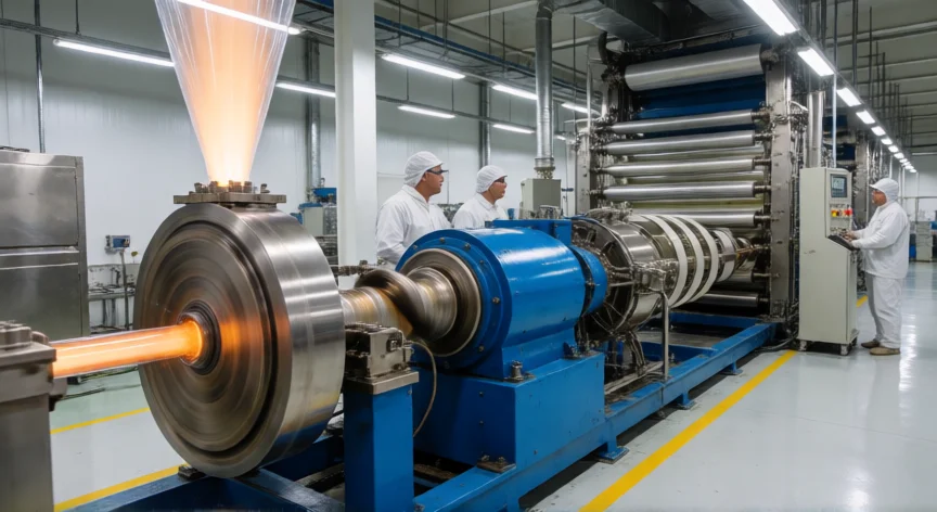 como se fabrica la bolsa de plastico, Línea de extrusión soplada en una fábrica de film de polietileno