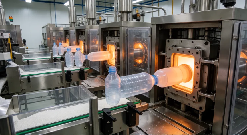 cómo se fabrica la botella de plástico, Línea de soplado estiramiento (SBM) fabricando botellas PET en una planta industrial