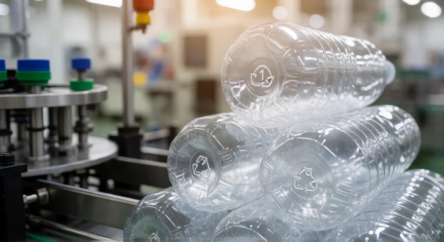 cómo se fabrica la botella de plástico, Botellas de PET transparentes en línea de producción con símbolo de reciclaje visible en la base