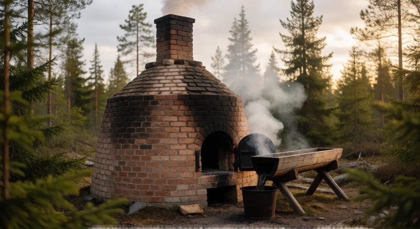 como se fabrica la brea, Horno tradicional de destilación de madera para producción artesanal de brea en un bosque de pinos