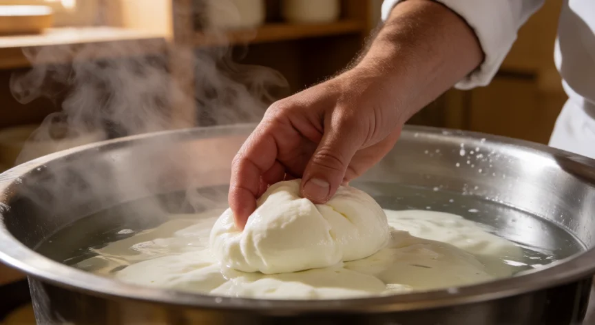 Manos de un quesero estirando pasta filada en agua caliente durante la elaboración de burrata