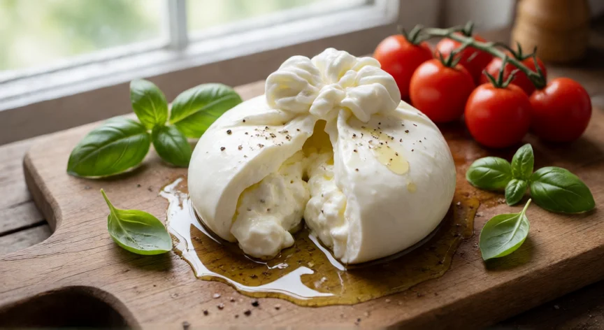 cómo se fabrica la burrata, Burrata cortada mostrando su relleno cremoso de stracciatella sobre tabla de madera
