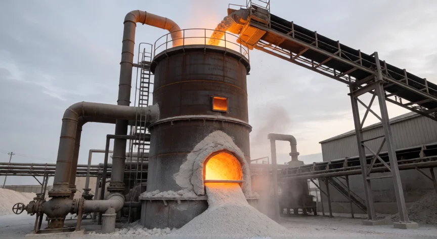 como se fabrica la cal, Horno vertical industrial de calcinación de cal en una planta de producción