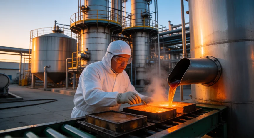 como se fabrica la cera, Línea industrial de fabricación de cera de parafina en una refinería