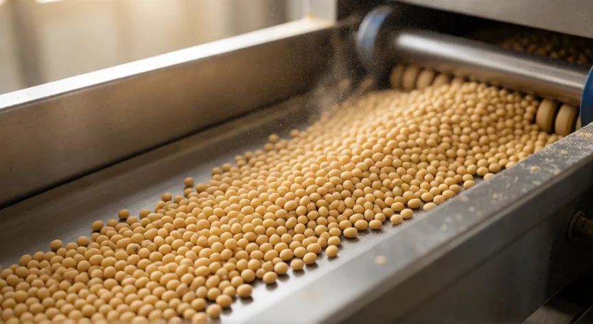 como se fabrica la cera de soja, Granos de soja en fase de limpieza y descascarillado industrial