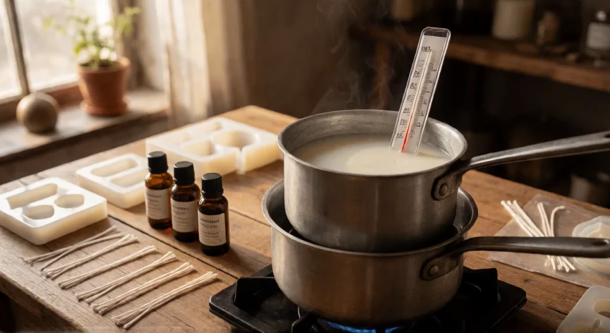 como se fabrica la cera para velas, Taller artesanal con cera de parafina fundida al baño maría y mechas listas para velas