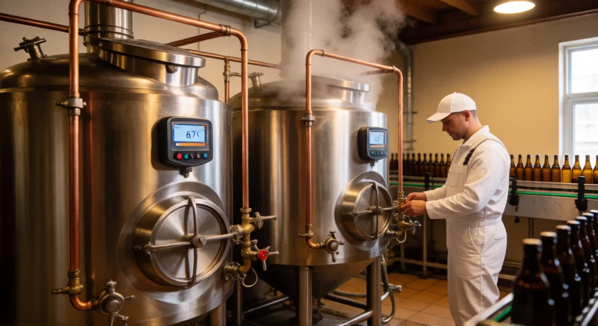 Interior de una cervecería con depósitos de cocción de mosto y vapor durante la fabricación de cerveza