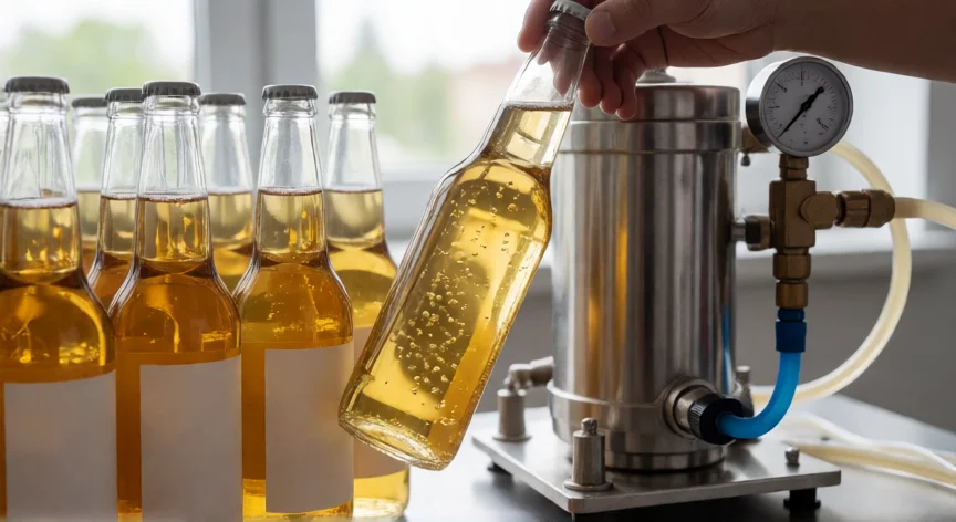 como se fabrica la cerveza 00, Botellas de cerveza dorada junto a un equipo de ósmosis inversa para desalcoholización