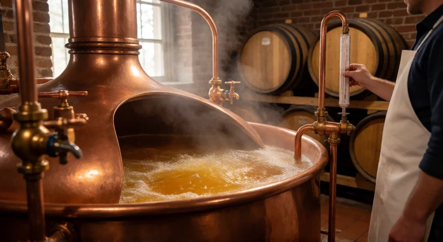 como se fabrica la cerveza, Interior de cervecería con tina de maceración de cobre y mosto dorado hirviendo