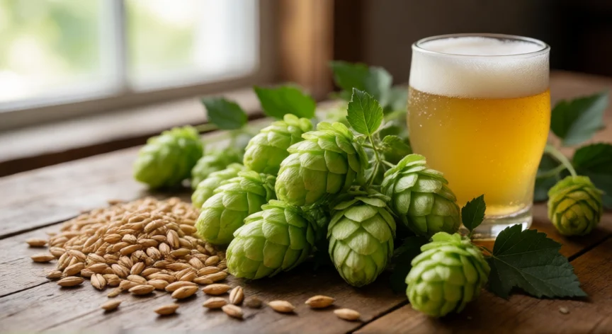 como se fabrica la cerveza, Conos de lúpulo fresco y granos de cebada junto a una copa de cerveza artesanal
