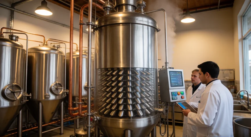 Columna de conos giratorios en una cervecera moderna para la desalcoholización de cerveza