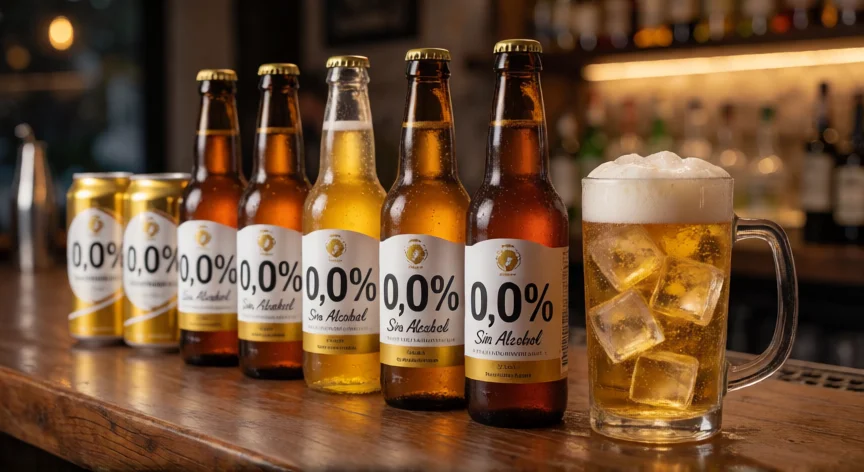 como se fabrica la cerveza sin alcohol, Selección de cervezas sin alcohol en latas y botellas sobre una barra con vaso de cerveza 0,0